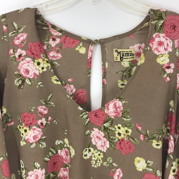 Show Me Your Mumu Floral Tropical Print Top Tan/Pink High Low Size Small V-neck - Picture 3 of 13
